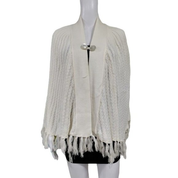 Vintage Open Arms Trim Hem Knit Button Front Shawl Sweater Off White Women's - Picture 1 of 6